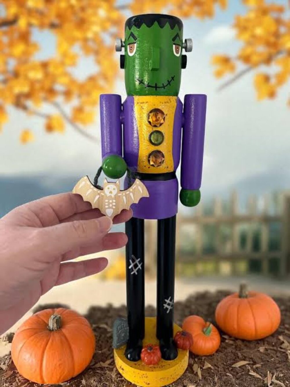 Paintible 14" Halloween Wooden Frankenstein Design Nutcracker with Bat - Picture 2 of 2
